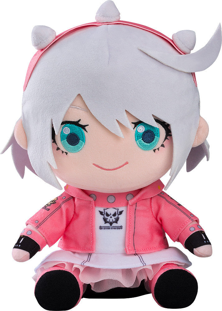 Good Smile Company Guilty Gear Strive Elphelt Valentine plushie featuring white hair teal eyes pink jacket with skull logo and a white frilled skirt