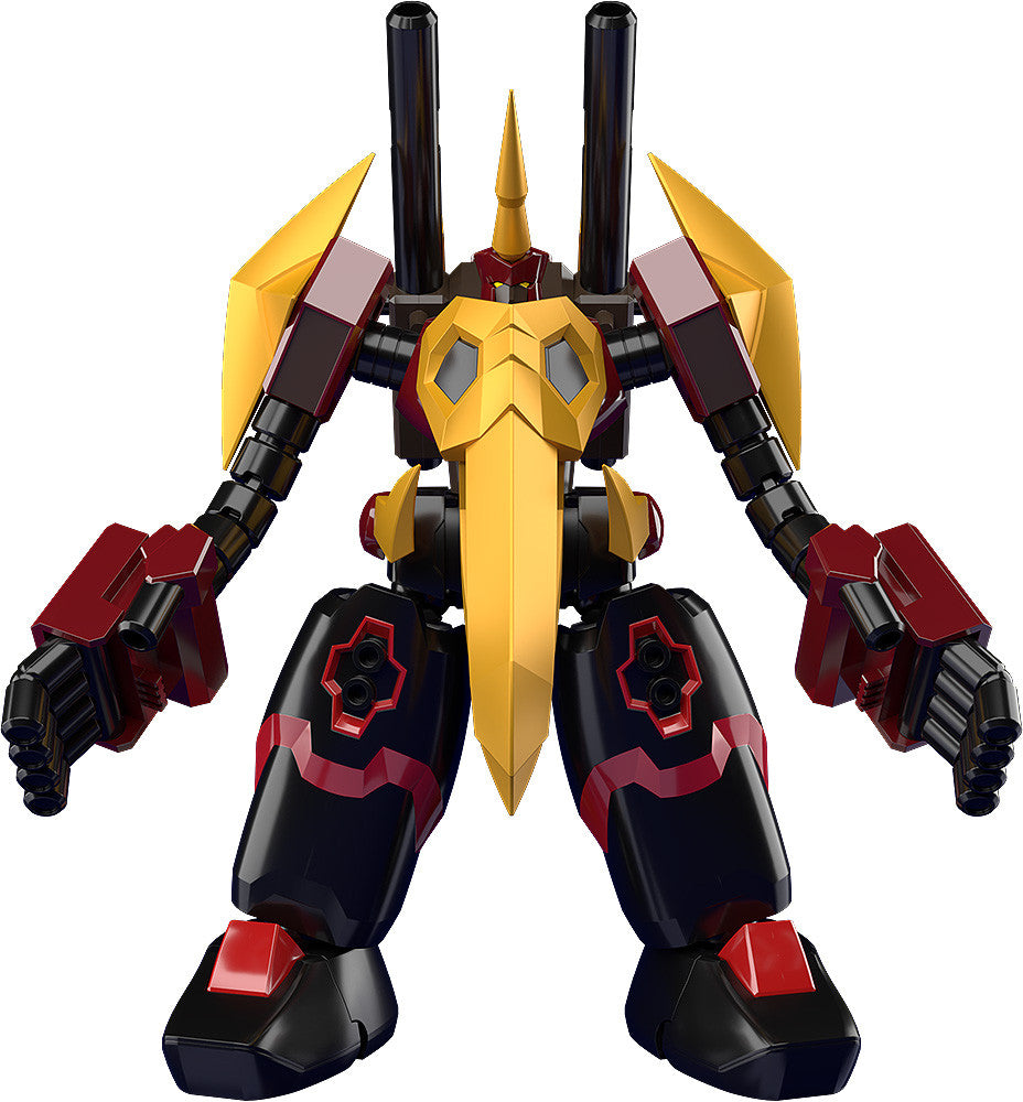Yellow and black articulated robot toy with red accents and twin shoulder cannons