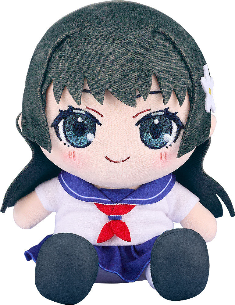 Plushie of Ruiko Saten in school uniform with short black hair and large smiling eyes, arms spread out