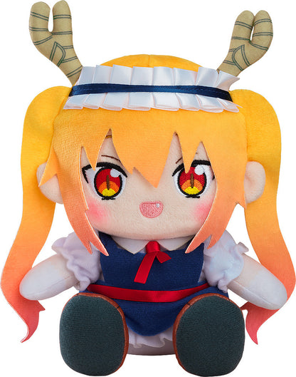 Sitting Tohru anime plush toy with orange pigtails, beige horns, and a blue maid dress with red accents