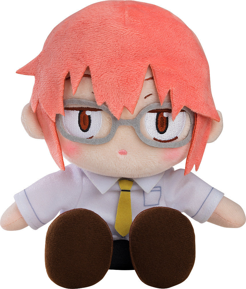 Plush doll with spiky pink hair, round gray glasses, white shirt, and yellow tie, sitting upright
