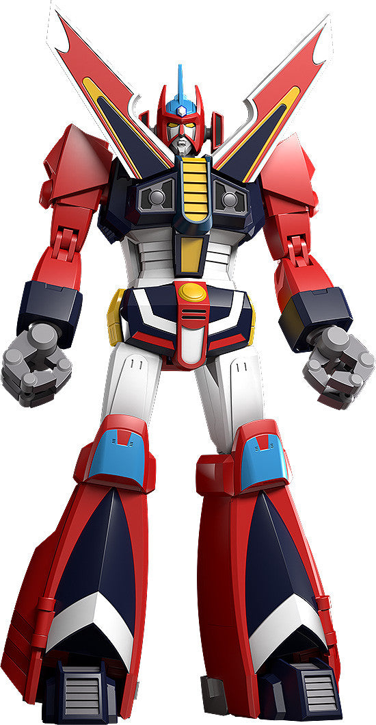 Red white and blue anime mecha robot action figure standing ready