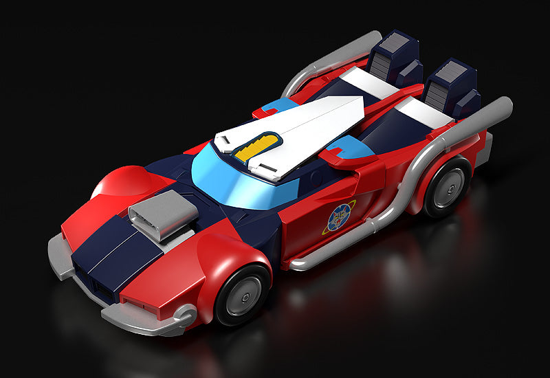 Red and blue toy race car with silver exhaust pipes and a futuristic design