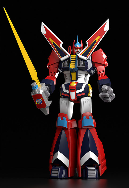 Giant red white and blue toy robot holding a yellow sword in its right hand