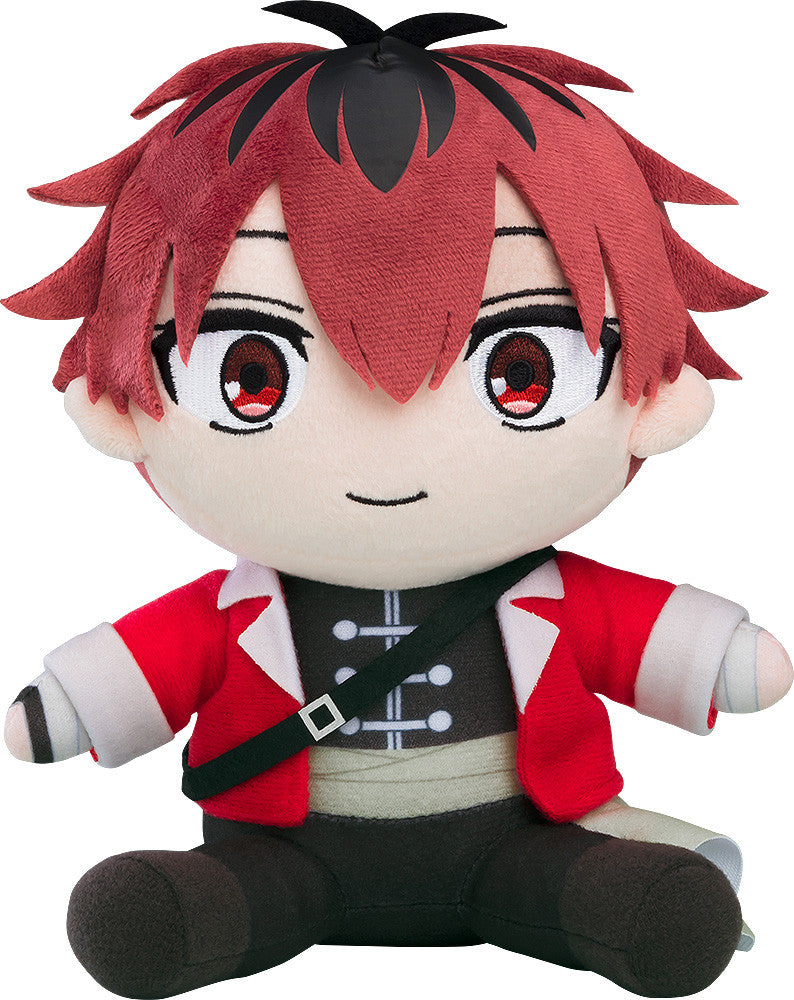 Sitting anime plush with spiky red hair, red eyes, wearing red jacket, black uniform with sash