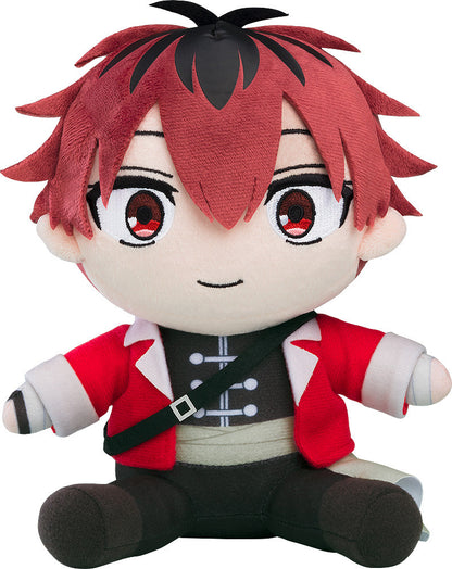 Sitting anime plush with spiky red hair, red eyes, wearing red jacket, black uniform with sash