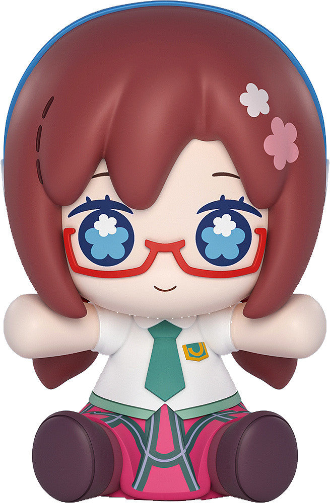 Sitting anime figure in school uniform with red glasses, brown hair, and flower-shaped eyes on white background