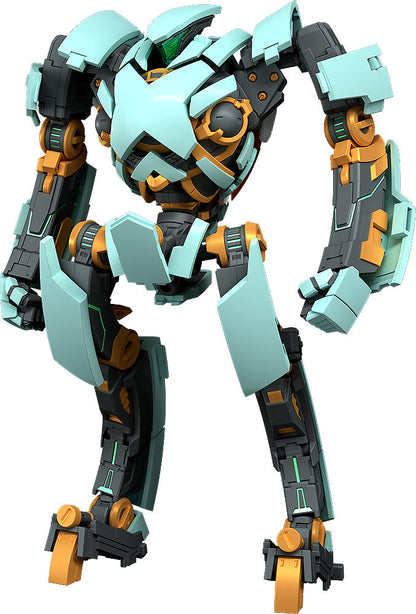 Light blue and dark gray articulated robot toy with orange and red accents standing on a white background
