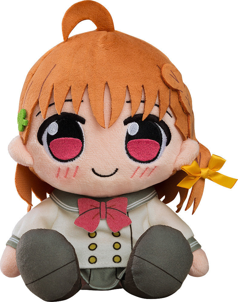 Love Live Sunshine 112 plush doll of Chika Takami wearing a school uniform with red bow and yellow ribbon