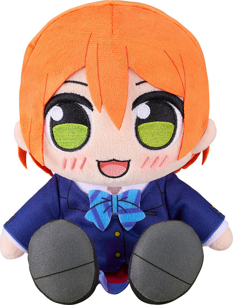 A Good Smile Company LoveLive! Kuripan Rin Hoshizora plushie featuring orange hair, large green eyes, a cheerful smile, and dressed in a navy blue uniform with a striped blue bow tie