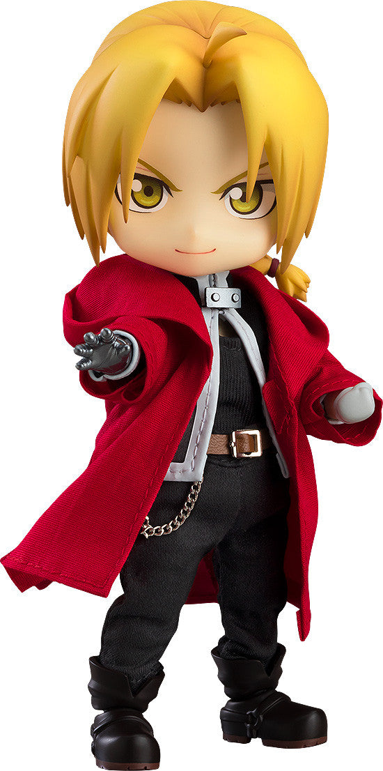 Nendoroid figure of Fullmetal Alchemist Edward Elric in red coat, extending his automail arm on white background