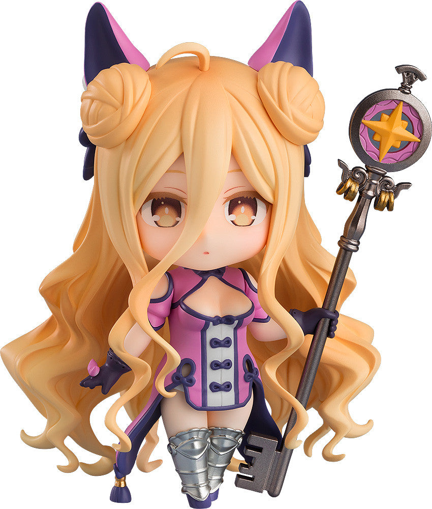 Nendoroid figure of an anime girl with long blonde hair and cat ears wearing a purple and pink dress holding a staff