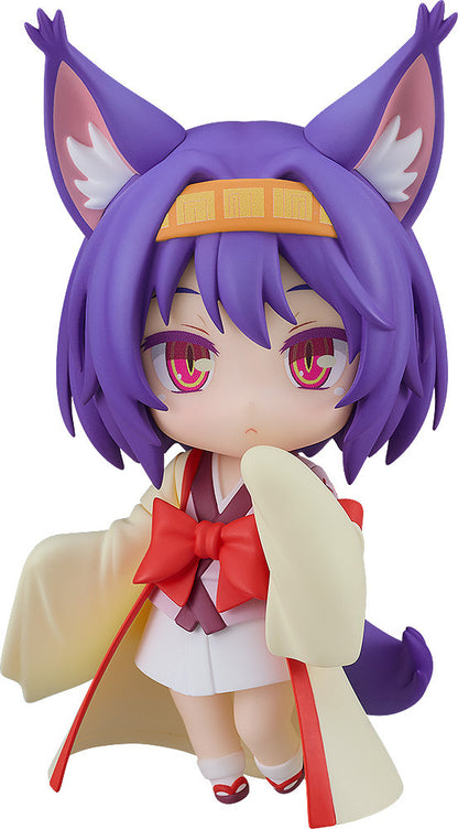 Nendoroid figure of anime character with purple hair and fox ears wearing a flowing white kimono and red bow tie on white background