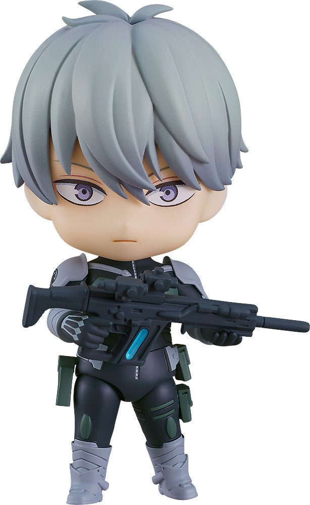Kaiju No 8 Nendoroid figure of Reno Ichikawa holding a rifle wearing grey and dark green armor