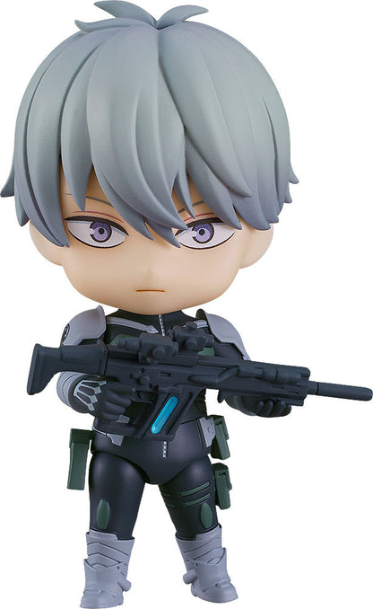 Kaiju No 8 Nendoroid figure of Reno Ichikawa holding a rifle wearing grey and dark green armor