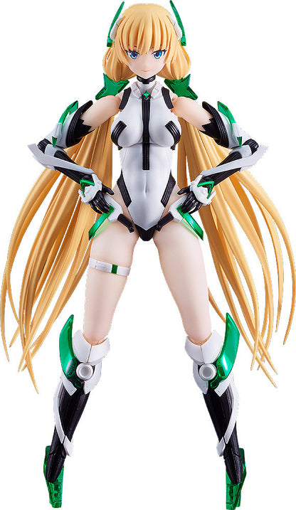 Blonde anime action figure with blue eyes in a white and black sci-fi suit with green accents