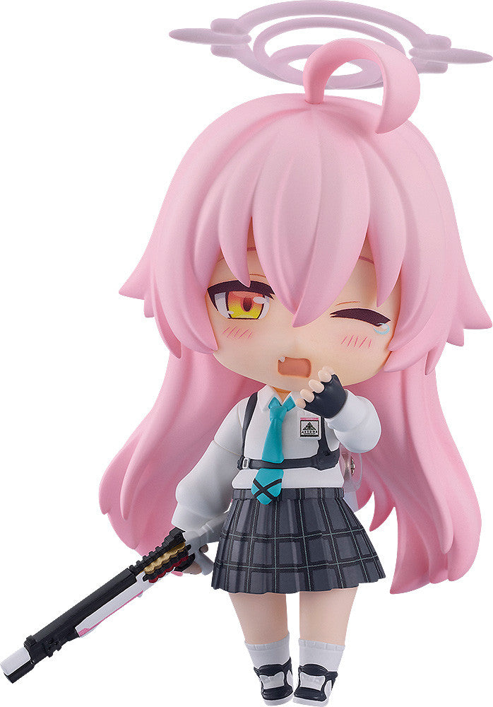 Crying pink-haired chibi figure in a school uniform, with a halo and holding a rifle