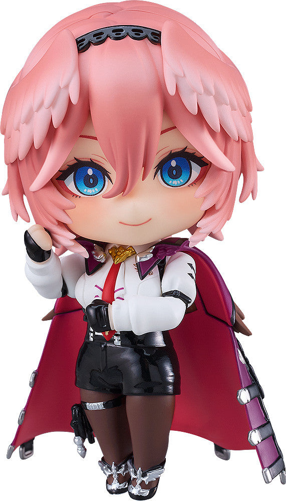 Nendoroid figure of the character Astolfo with pink hair blue eyes white shirt black shorts and red cape