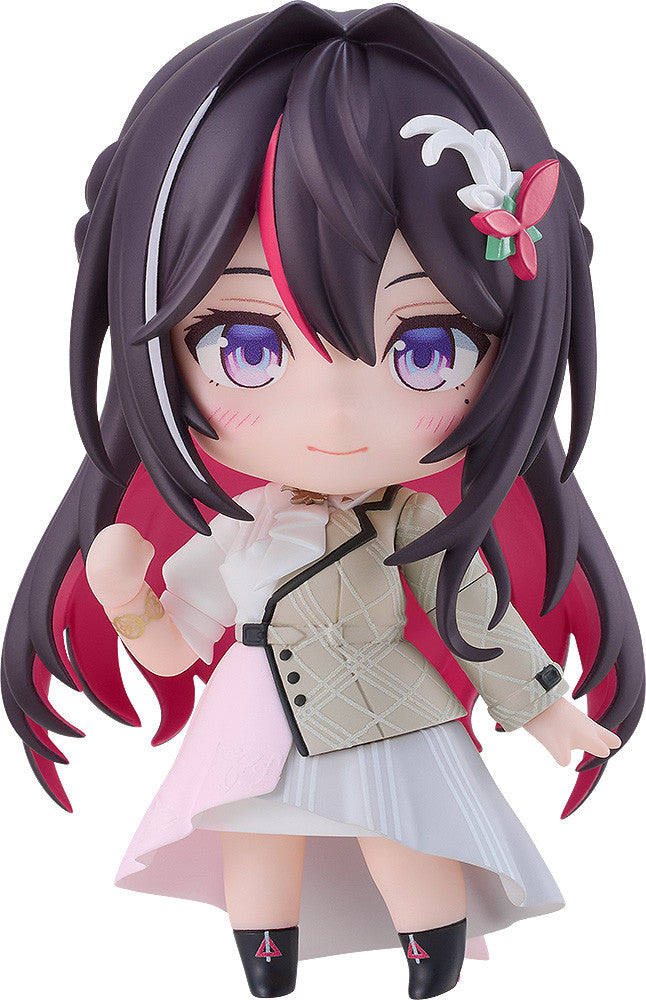 Front view of Azki Nendoroid in dark idol outfit, hands raised mid-dance