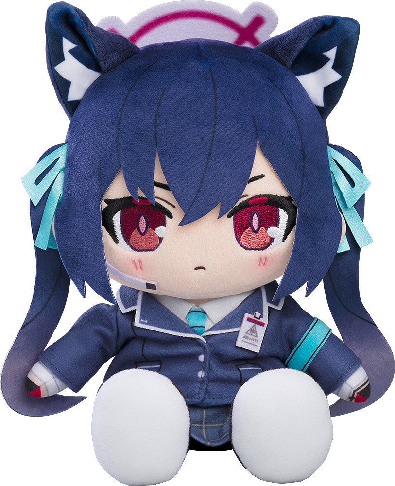 A sitting anime plush with dark blue hair, cat ears, red eyes, blue school uniform, headset, and pigtails