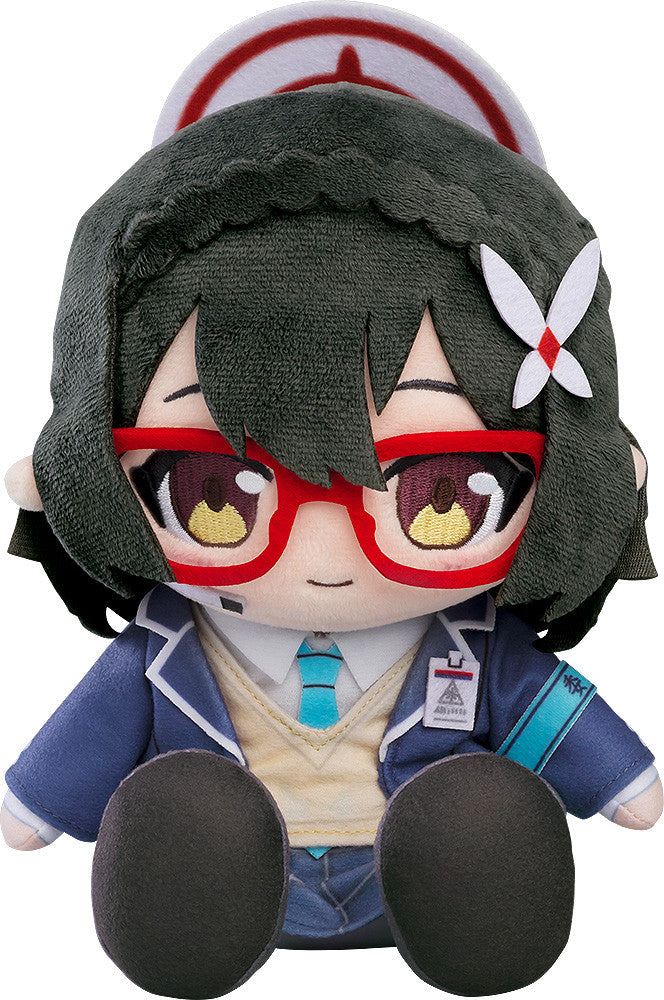 Blue Archive Ayane Chocopuni Plushie soft dark green hair red glasses blue school jacket and small red and white butterfly hairclip