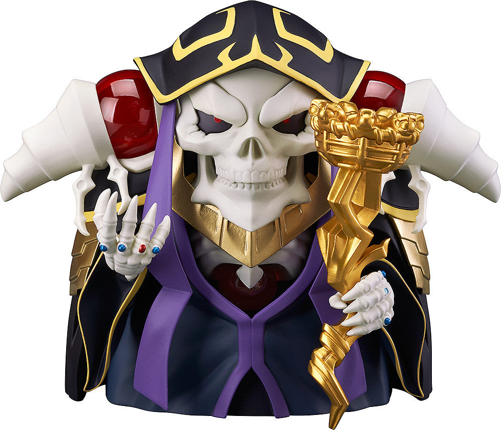 Frontal view of chibi-style Ainz Ooal Gown with skeletal face, arms wide open, purple robe draping down