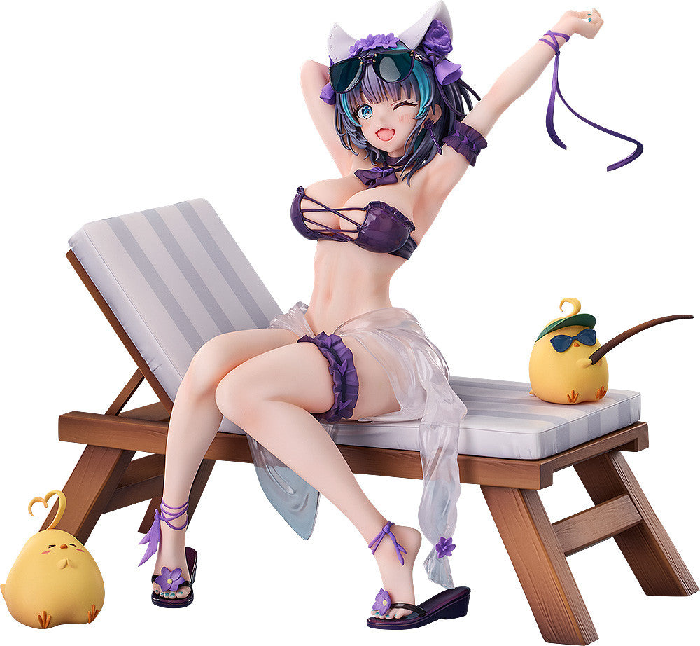 Anime figure of a winking woman in a purple bikini, sunglasses, and cat ears, lounging on a beach chair with two chick figures