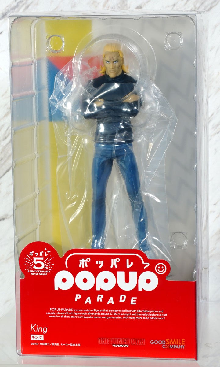 One Punch Man POP UP PARADE King figure in black shirt and blue jeans in clear packaging