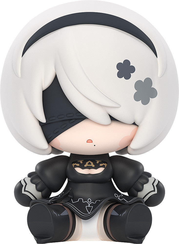 Chibi 2B figure from Nier: Automata, sitting. White hair with grey flowers, black blindfold, black dress with gold insignia