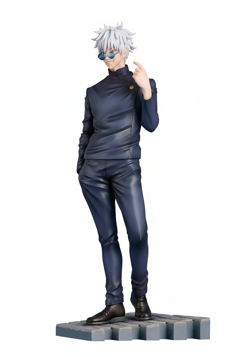 A full-body figure of Satoru Gojo from Jujutsu Kaisen in a dark blue uniform with spiky white hair and round sunglasses, smiling, with one hand in his pocket and two fingers raised