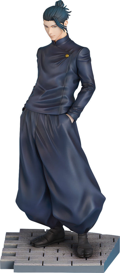 Jujutsu Kaisen Suguru Geto figure wearing a dark uniform with baggy pants, hands in pockets, standing on a grey brick-patterned base