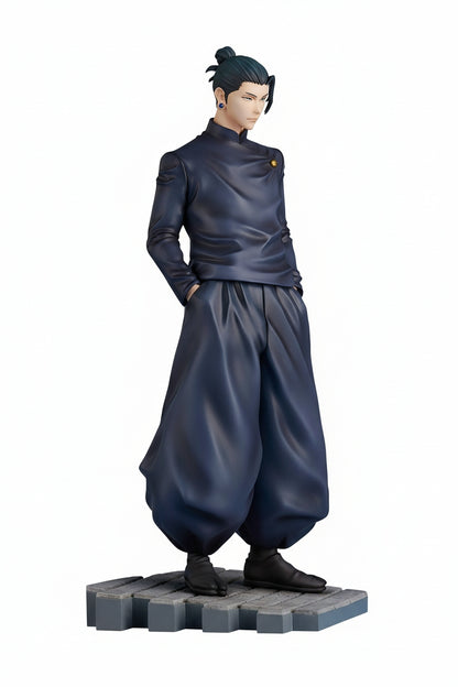 Jujutsu Kaisen Suguru Geto figure in a dark uniform with baggy pants, his hands in pockets, standing on a gray stone-patterned base