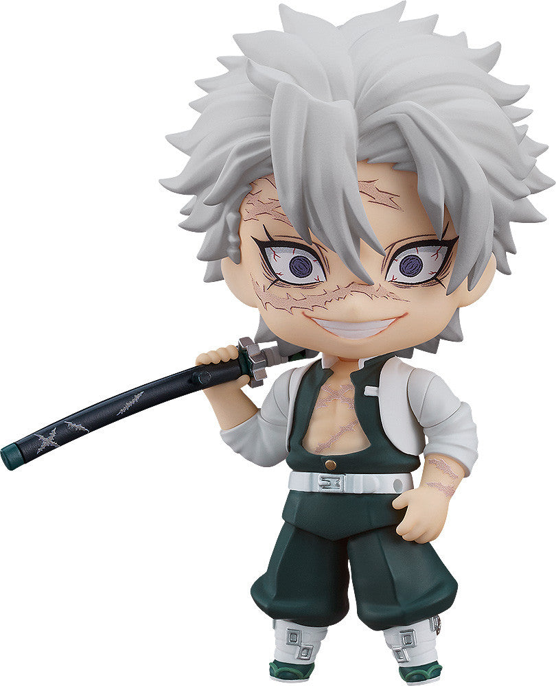 Sanemi in chibi form with intense expression, holding sword upright and white haori fluttering