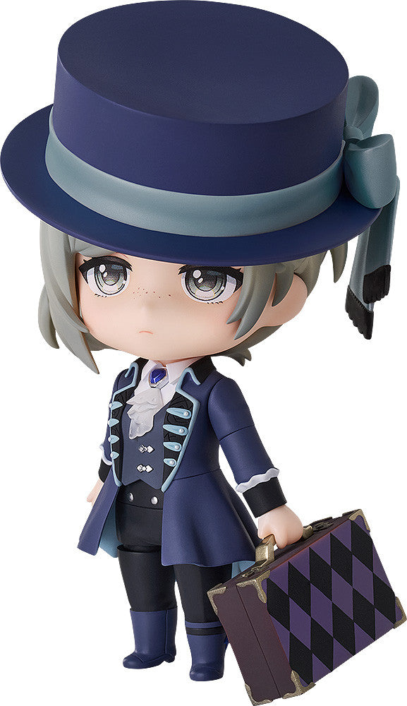 Nendoroid Figure 2 in a navy hat and coat holding a purple suitcase