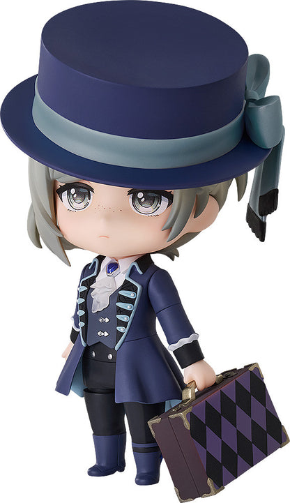 Nendoroid Figure 2 in a navy hat and coat holding a purple suitcase