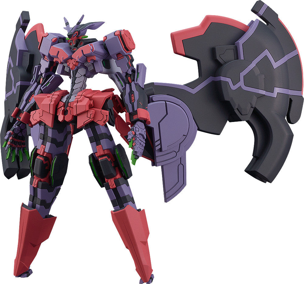Good Smile Company MODEROID Liber Legis figure an impressive purple red and black mech with green accents and a large shield weapon