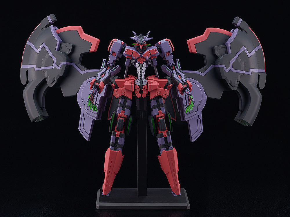 Good Smile Company MODEROID Liber Legis figure an imposing red purple and black mecha with large dark grey wing-like shields on a black stand