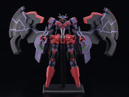 Good Smile Company MODEROID Liber Legis figure an imposing red purple and black mecha with large dark grey wing-like shields on a black stand