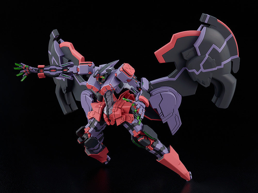MODEROID Liber Legis figure an imposing purple red and black mecha with intricate details dynamic pose and green glowing accents on its arm and head