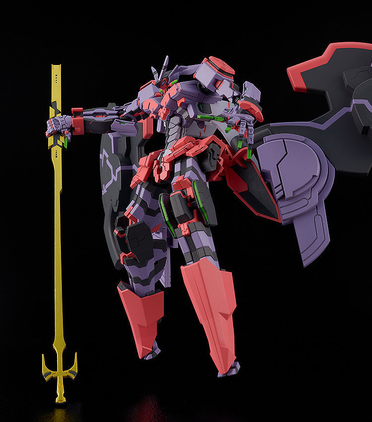 Moderoid Liber Legis figure showcasing its purple red and black armor holding a golden spear-like weapon posed against a dark background
