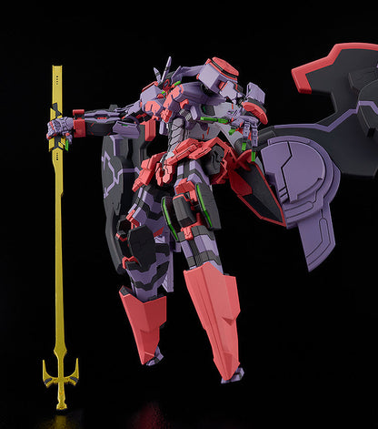 Moderoid Liber Legis figure showcasing its purple red and black armor holding a golden spear-like weapon posed against a dark background