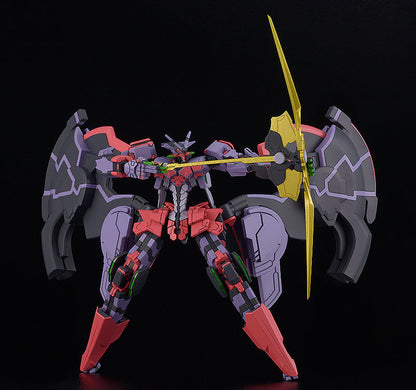 Good Smile Company Moderoid Liber Legis figure an articulated purple and red mech with black armor details holding a gold bow with a yellow arrow drawn