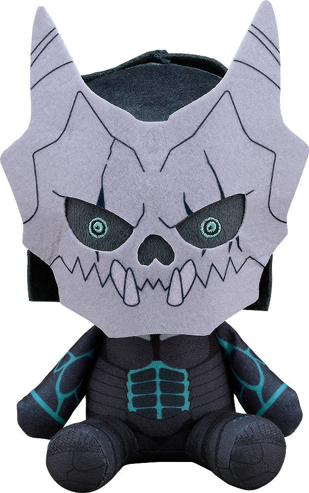 Sitting plush toy of a dark character with a grey, horned skull mask, teal eyes, and teal chest armor detail.