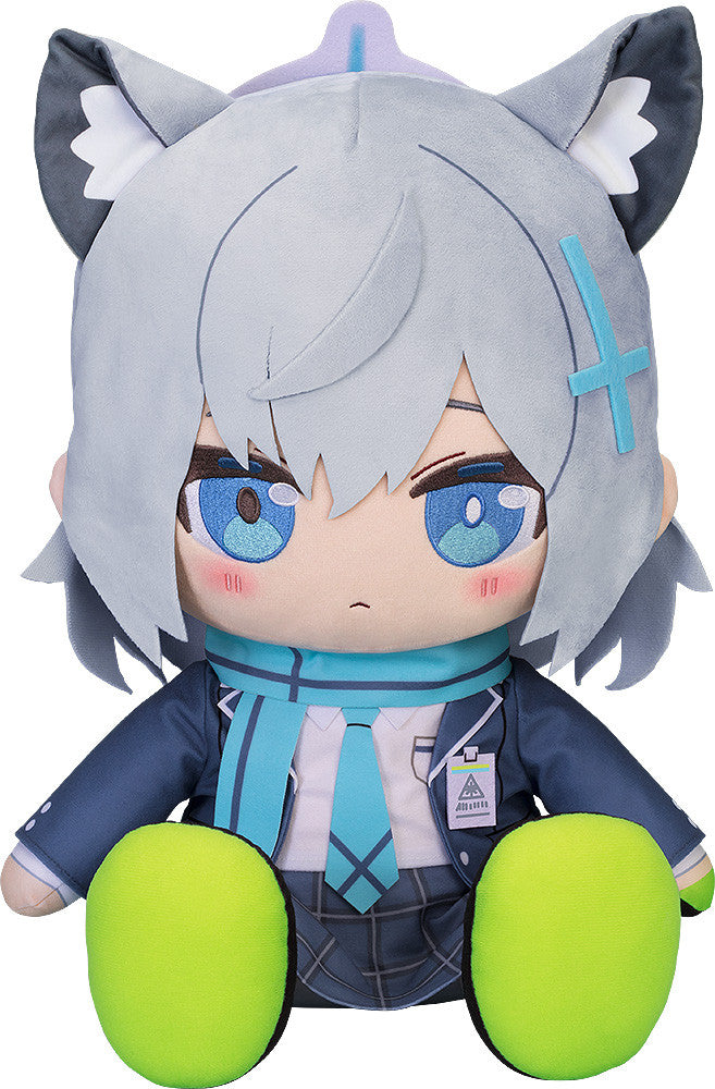 Blue Archive Chocopuni Big Shiroko plushie by Good Smile Company, 40 cm, front view with cat hoodie and seated pose