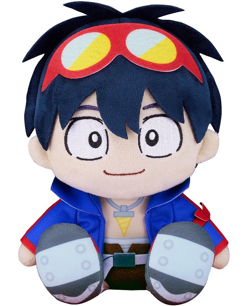 Sitting plush toy of Simon from Gurren Lagann, featuring red goggles, blue jacket, and a yellow drill necklace