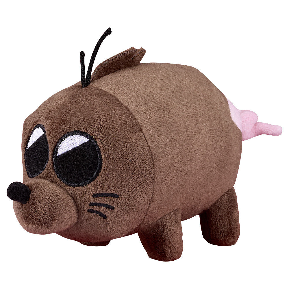 Plush toy with large black eyes, small black nose, pointy ears, and a tiny pink tail