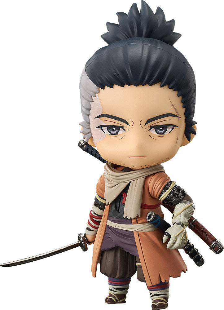 Sekiro Shadows Die Twice Nendoroid figure Sekiro with detailed orange coat and gray scarf holding a katana