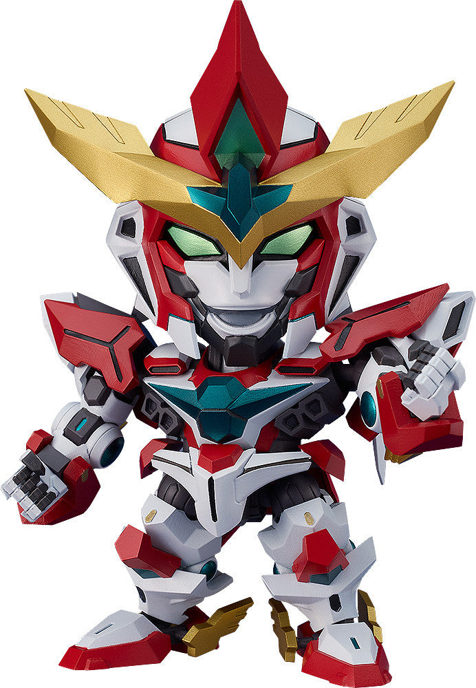 A Nendoroid Bravern Figure, a chibi-style robot in red, white, and black armor with gold accents, teal details, and glowing green eyes