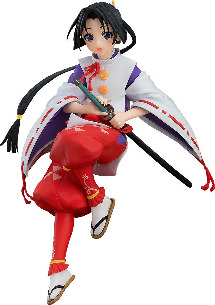 Anime female figure in a white & purple kimono, red hakama pants, and zori sandals, holding a green-hilted katana