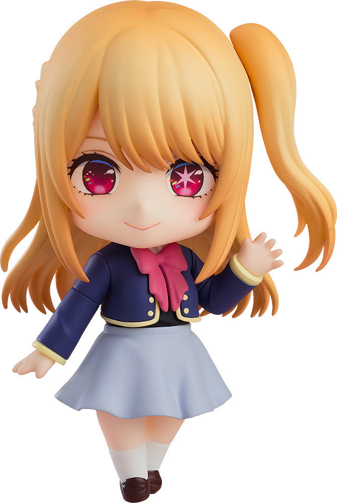 Ruby in school uniform with big smile, waving with her left hand and school bag on her shoulder